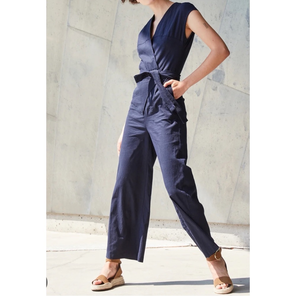 Sleeveless Navy Wrap Jumpsuit with Self Tie Belt
